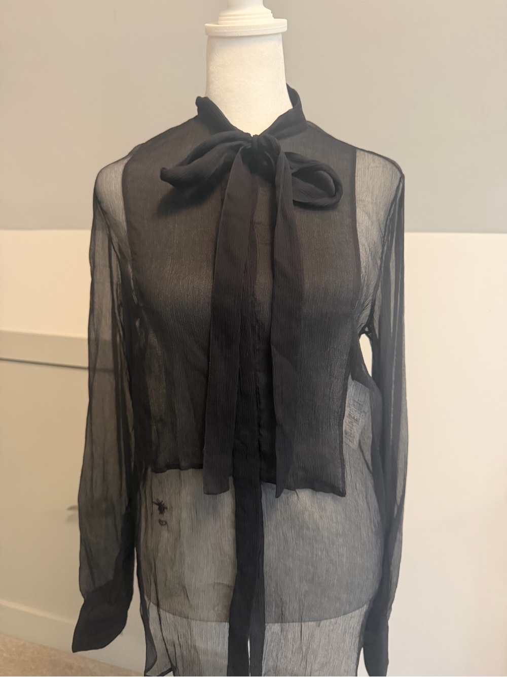 Christian Dior Black Silk Sheer Ascot Bow Blouse Top Size FR 36 US 4